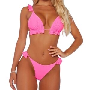 BRAND NEW FASHION NOVA CABO SUMMER RUFFLE 2 PIECE BIKINI SIZE SMALL NEON PINK